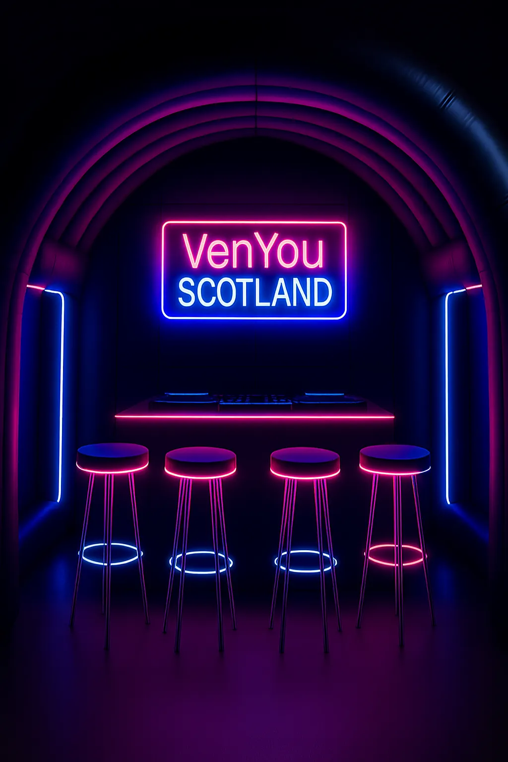 Inside a VenYou Scotland LED party tent with a neon sign and glowing bar stools